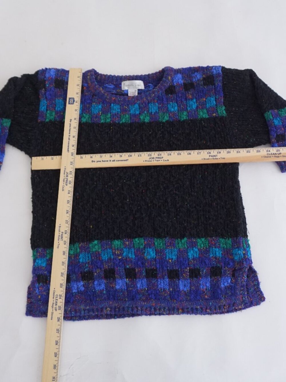 Vintage Black Knit Check Boucle Speckled Pocket Tunic Retro Shapes Sweater M - Picture 3 of 9
